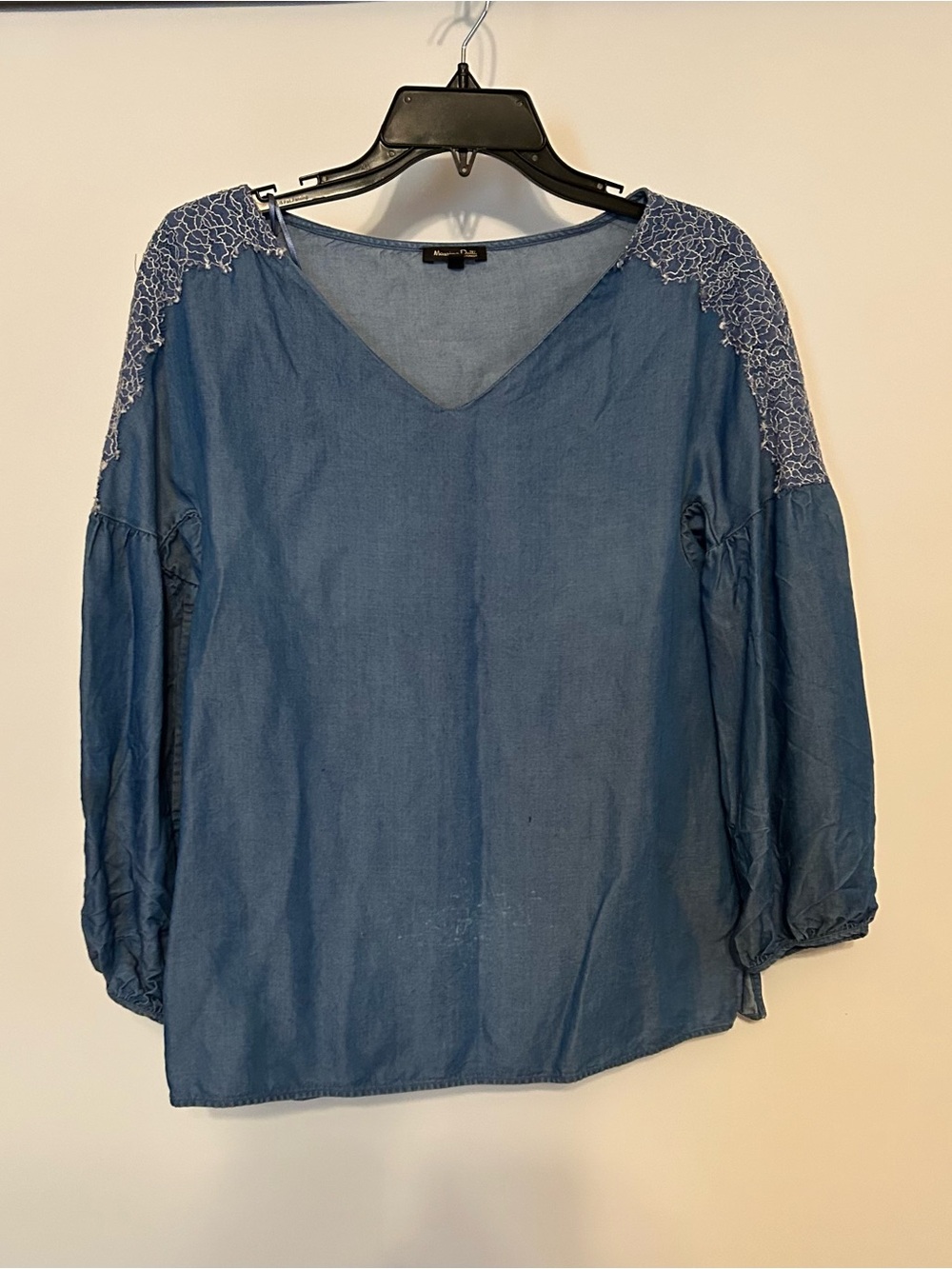 Massimo Dutti Blue V-Neck Blouse with Lace Shoulder Accents